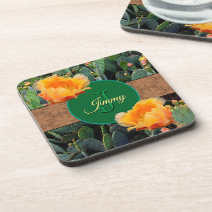 Personalized Monogram Orange Prickly Pear Cactus 2 Beverage Coaster