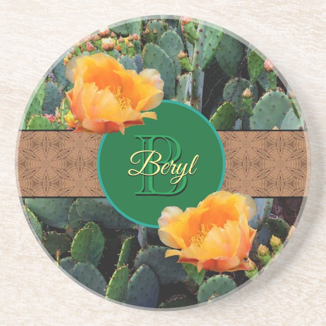 Personalized Monogram Orange Prickly Pear Cactus 2 Coaster (Front)