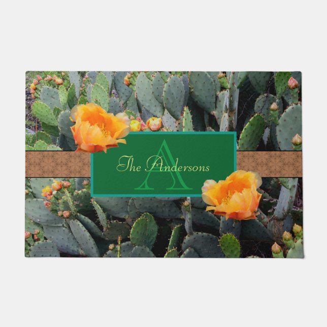 Personalized Monogram Orange Prickly Pear Cactus 2 Doormat (Front)