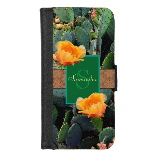 Personalized Monogram Orange Prickly Pear Cactus 2 iPhone Wallet Case (Front)