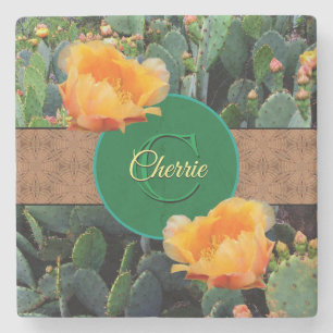 Personalized Monogram Orange Prickly Pear Cactus 2 Stone Coaster