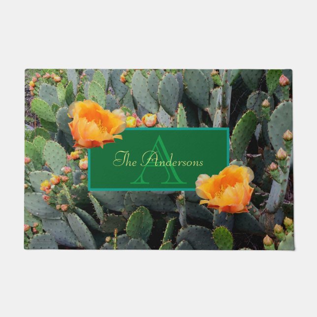 Personalized Monogram Orange Prickly Pear Cactus Doormat (Front)