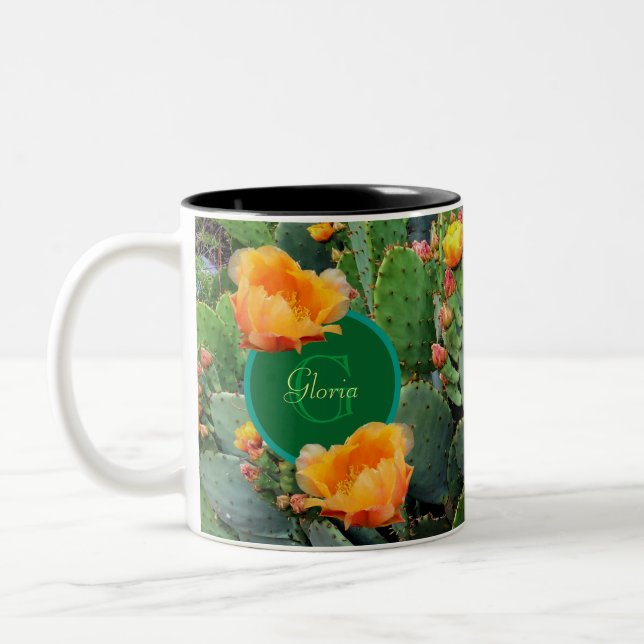 Personalized Monogram Orange Prickly Pear Cactus Two-Tone Coffee Mug (Left)