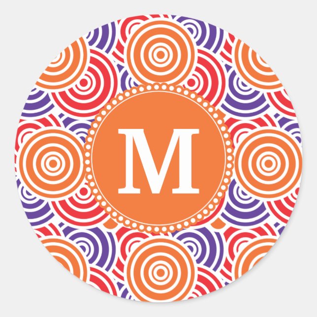 Personalized Monogram Orange Purple Circle Pattern Classic Round Sticker (Front)