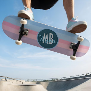 Personalized Monogram Pastel Pink & Blue Stripe Skateboard
