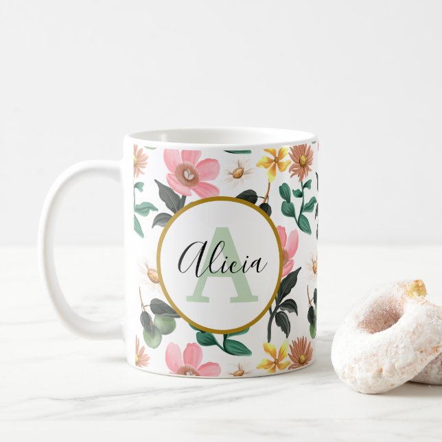 Personalized Monogram Pastel Spring Floral Pattern Coffee Mug (With Donut)