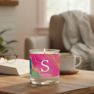 Personalized Monogram Pink and Teal Glitter Scented Candle