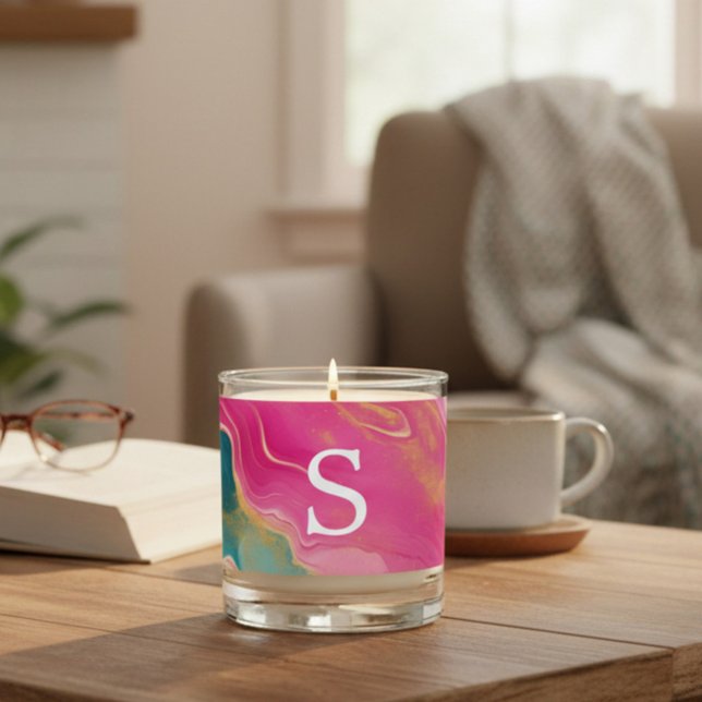 Personalized Monogram Pink and Teal Glitter Scented Candle (Creator Uploaded)