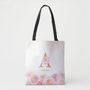 Personalized monogram pink floral bridesmaid tote