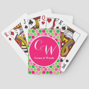 Personalized Monogram Pink Green Cosmo Honeycomb Poker Cards