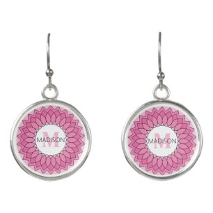 Personalized Monogram Pink Mandala Floral Drop  Earrings
