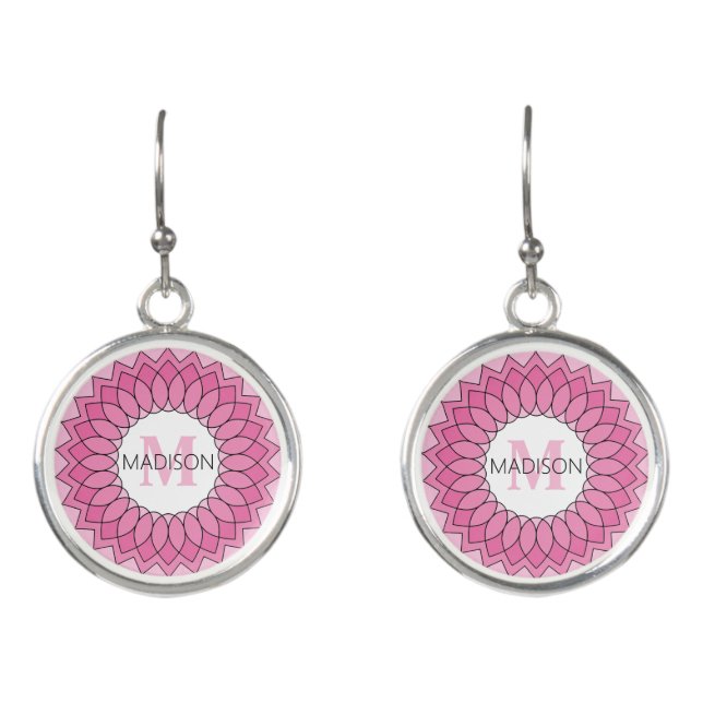 Personalized Monogram Pink Mandala Floral Drop  Earrings (Front)