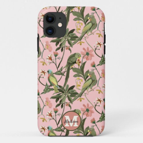 Personalized Monogram Pink Parrot Floral Pattern iPhone 11 Case