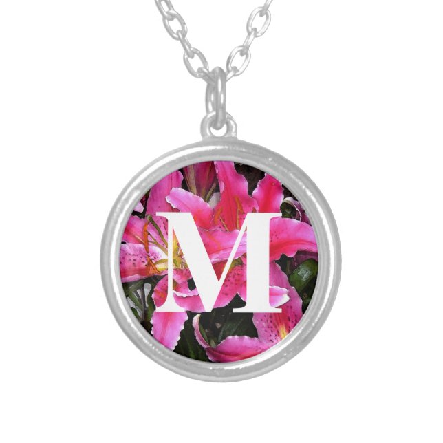 Personalized Monogram Pink Stargazer Lily Photo Silver Plated Necklace (Front)