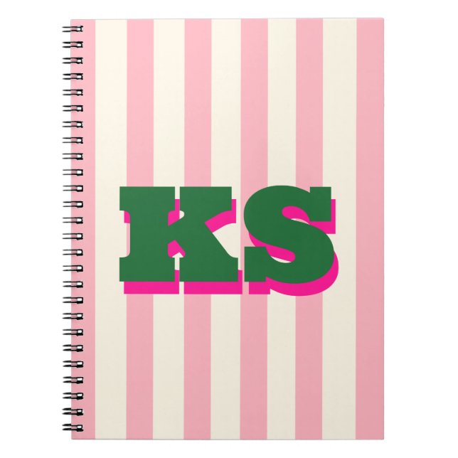 Personalized Monogram Pink Stripe, Custom Initials Notebook (Front)