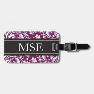 Personalized Monogram Plum Black Damask Pattern Luggage Tag