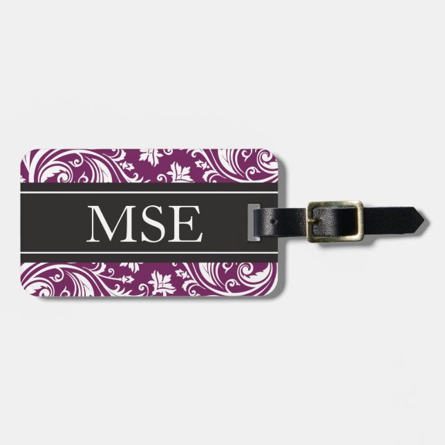 Personalized Monogram Plum Black Damask Pattern Luggage Tag (Front Horizontal)