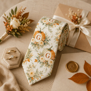 Personalized Monogram Pumpkin Floral Wedding Neck Tie