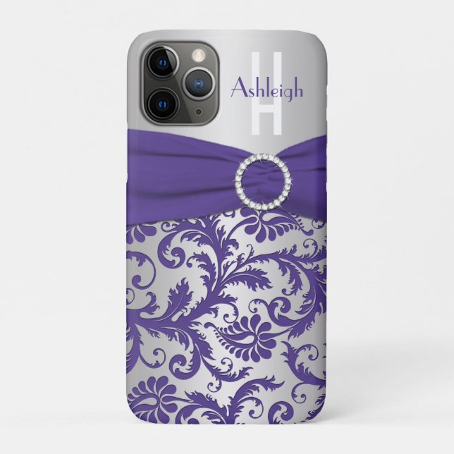 Personalized Monogram  Purple and Silver Damask Case-Mate iPhone Case (Back)
