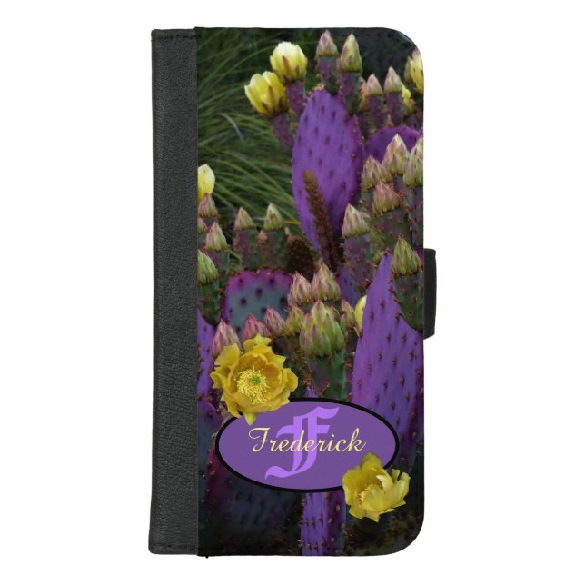 Personalized Monogram Purple Cactus Yellow Flowers iPhone Wallet Case (Front)