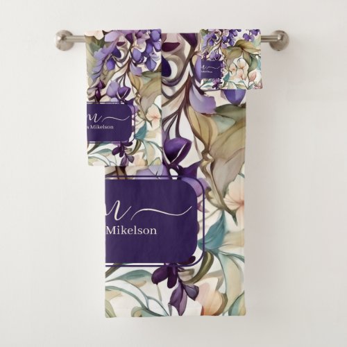 Personalized Monogram  Purple Floral Bath Towel Set