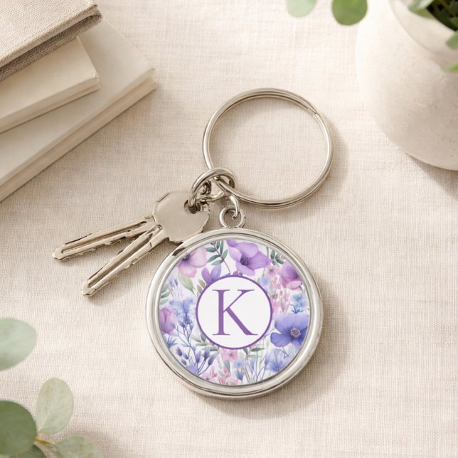 Personalized Monogram Purple Floral Elegant Keychain (Creator Uploaded)