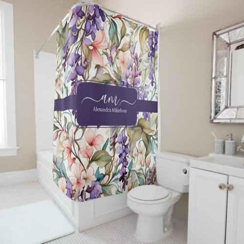 Personalized Monogram  Purple Floral Shower Curtain