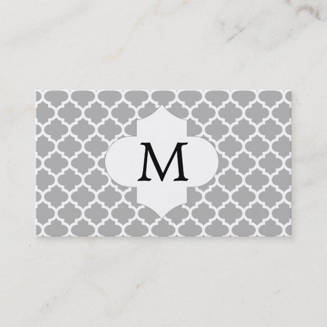 Personalized Monogram Quatrefoil Gray and White Business Card (Front)