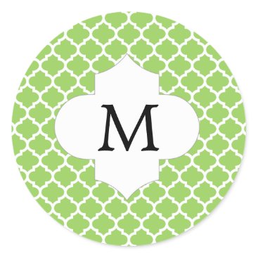 Personalized Monogram Quatrefoil green and White Classic Round Sticker