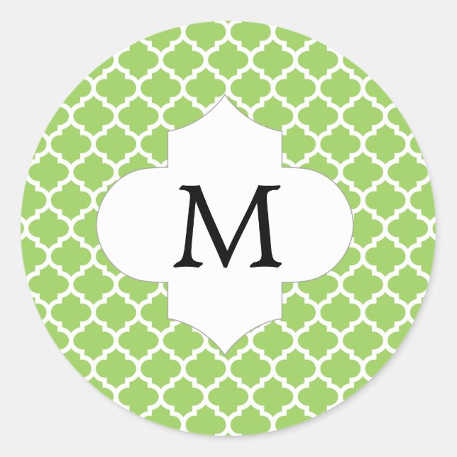 Personalized Monogram Quatrefoil green and White Classic Round Sticker (Front)