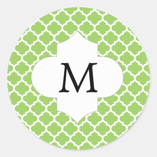 Personalized Monogram Quatrefoil green and White Classic Round Sticker (Front)