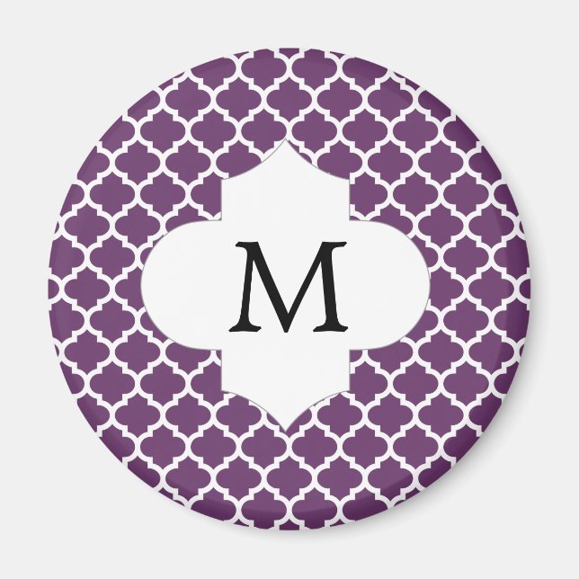 Personalized Monogram Quatrefoil Purple and White Magnet (Front)