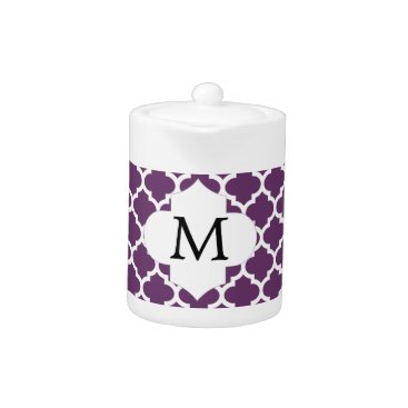 Personalized Monogram Quatrefoil Purple and White Teapot