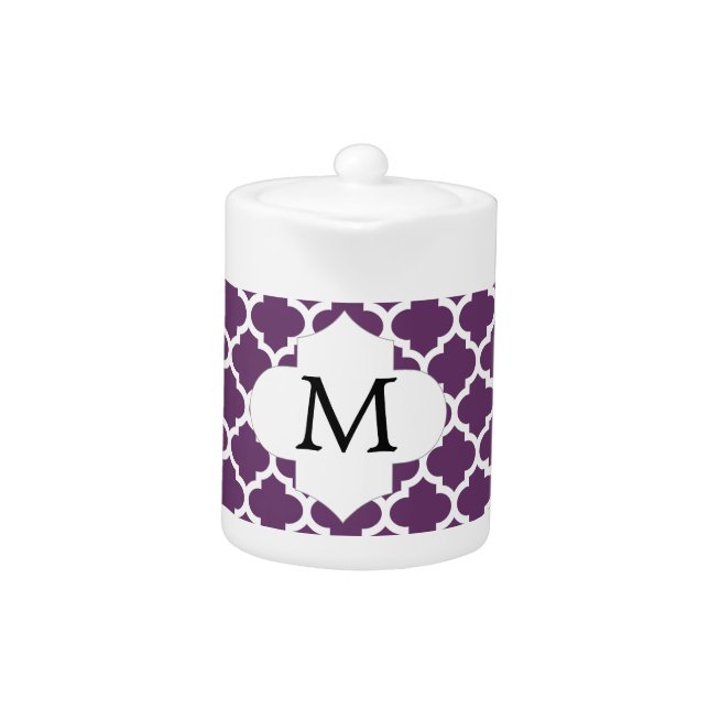 Personalized Monogram Quatrefoil Purple and White Teapot (Front)