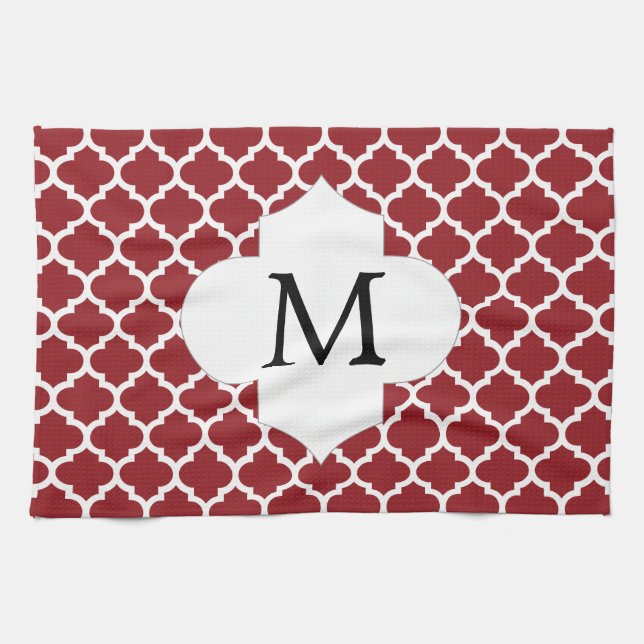 Personalized Monogram Quatrefoil Red and White Towel (Horizontal)