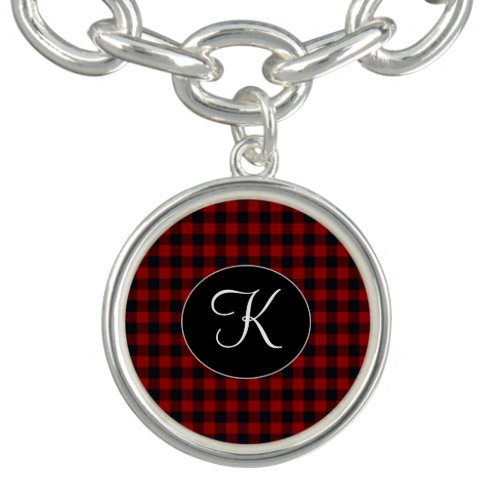 Personalized Monogram Red and Black Buffalo Plaid Bracelet