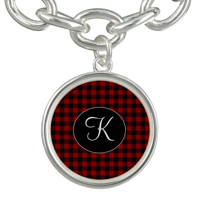 Personalized Monogram Red and Black Buffalo Plaid Bracelet (Design)
