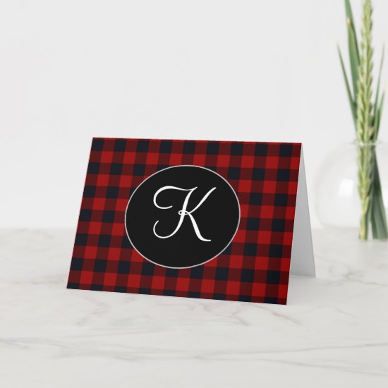 Personalized Monogram Red and Black Buffalo Plaid Card