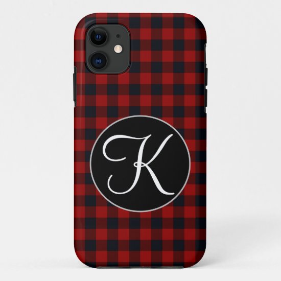 Personalized Monogram Red and Black Buffalo Plaid iPhone 11 Case