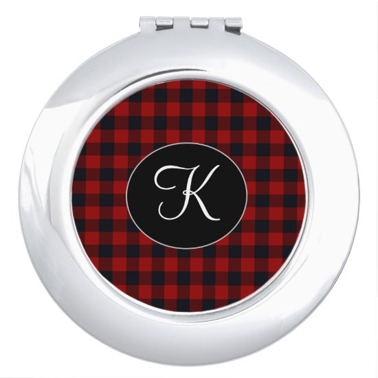 Personalized Monogram Red and Black Buffalo Plaid Compact Mirror