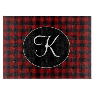 Personalized Monogram Red and Black Buffalo Plaid Cutting Board