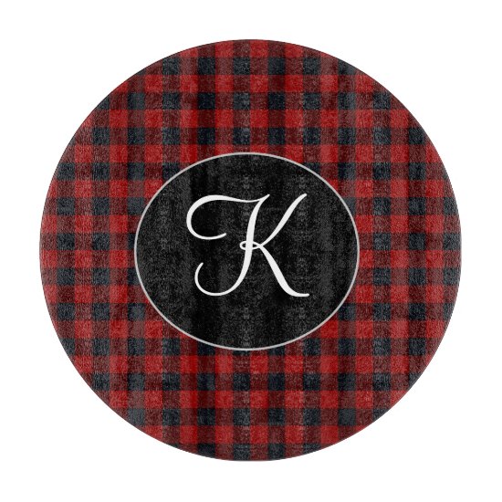 Personalized Monogram Red and Black Buffalo Plaid Cutting Board