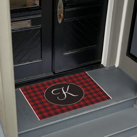 Personalized Monogram Red and Black Buffalo Plaid Doormat