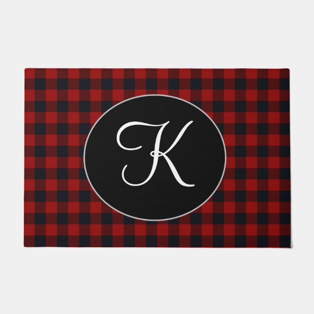 Personalized Monogram Red and Black Buffalo Plaid Doormat (Front)