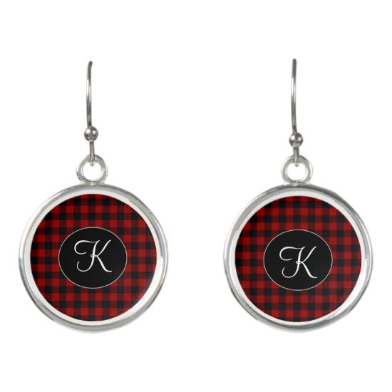Personalized Monogram Red and Black Buffalo Plaid Earrings
