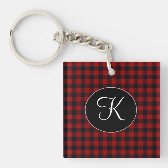 Personalized Monogram Red and Black Buffalo Plaid Keychain (Front)