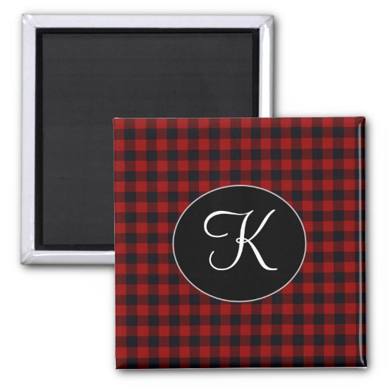 Personalized Monogram Red and Black Buffalo Plaid Magnet