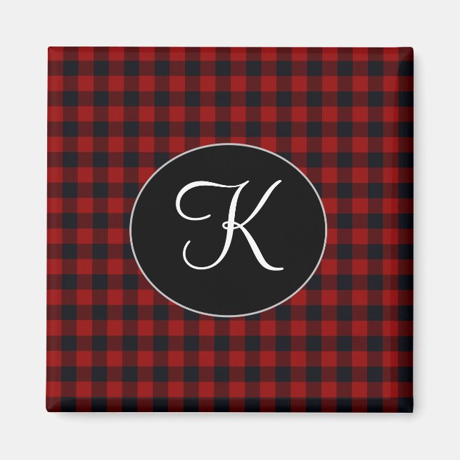 Personalized Monogram Red and Black Buffalo Plaid Magnet (Front)