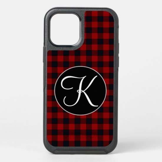 Personalized Monogram Red and Black Buffalo Plaid OtterBox Symmetry iPhone 12 Case