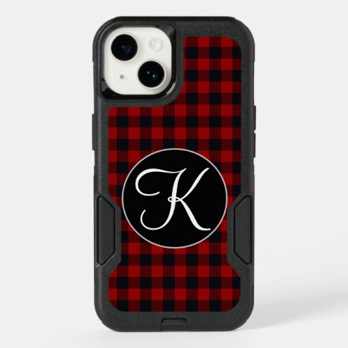 Personalized Monogram Red and Black Buffalo Plaid OtterBox iPhone 14 Case